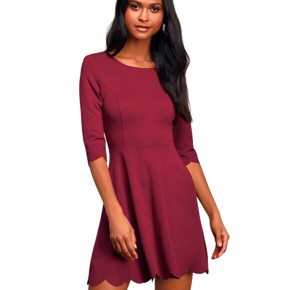 NWT Lulus Cumulonimbus Clouds Burgundy Scalloped Hem Skater Dress Size M - Picture 1 of 8